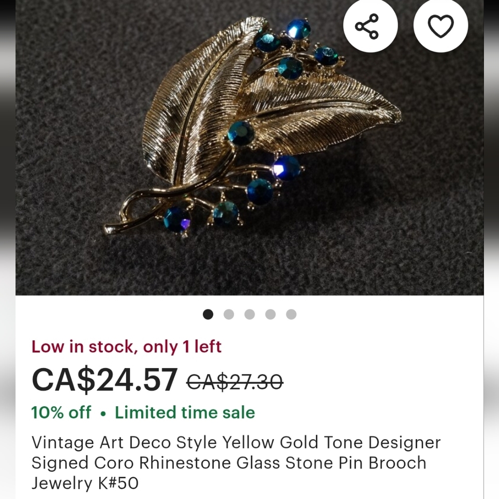 Coro Vintage Goldtone Textured Leaves Brooch with Teal AB Crystal Accent Buds - Picture 7 of 7